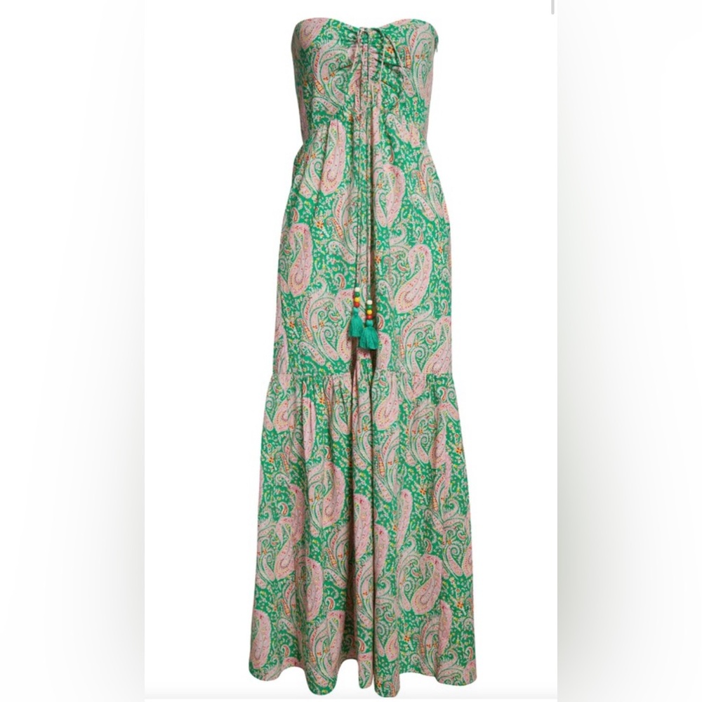 NEW BA&SH Omy Paisley Strapless Cotton Maxi Dress. M/L. Green Pink Print - Picture 6 of 6